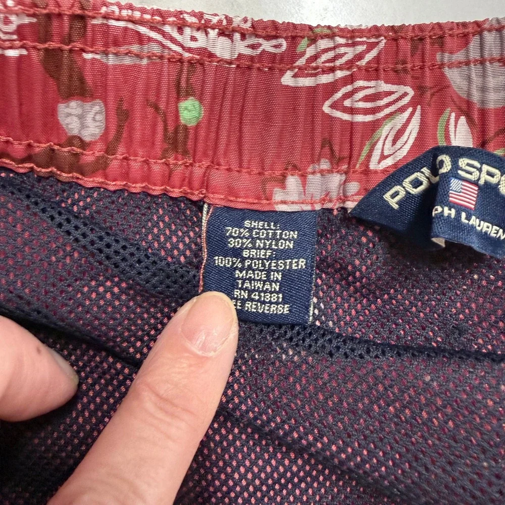Vintage POLO SPORT Ralph Lauren‎ Mens Hawaiian Print Swim Trunks Red Pink Medium